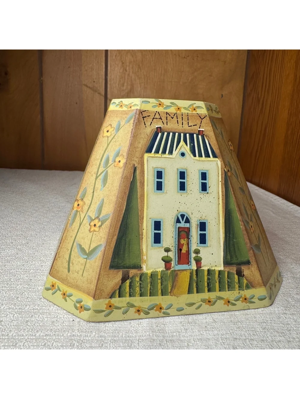 Vintage Susan Winget Wooden Lamp Shade Folk Art Family House Country Decor